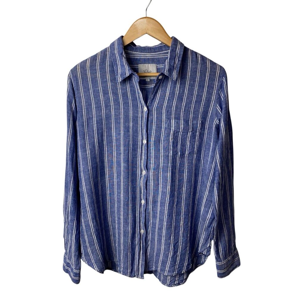 Rails Charli Romana Stripe Shirt Womens M/L Blue Linen Blend Button Up Coastal